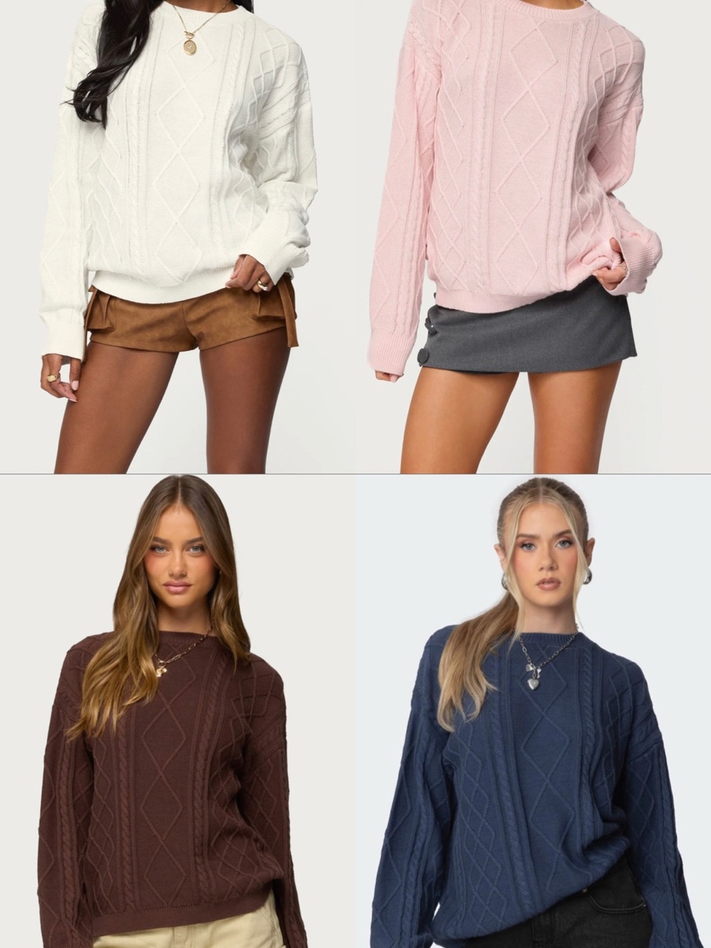 Edikted Crewneck Cable Knit Sweater - White, Pink, Brown, Navy